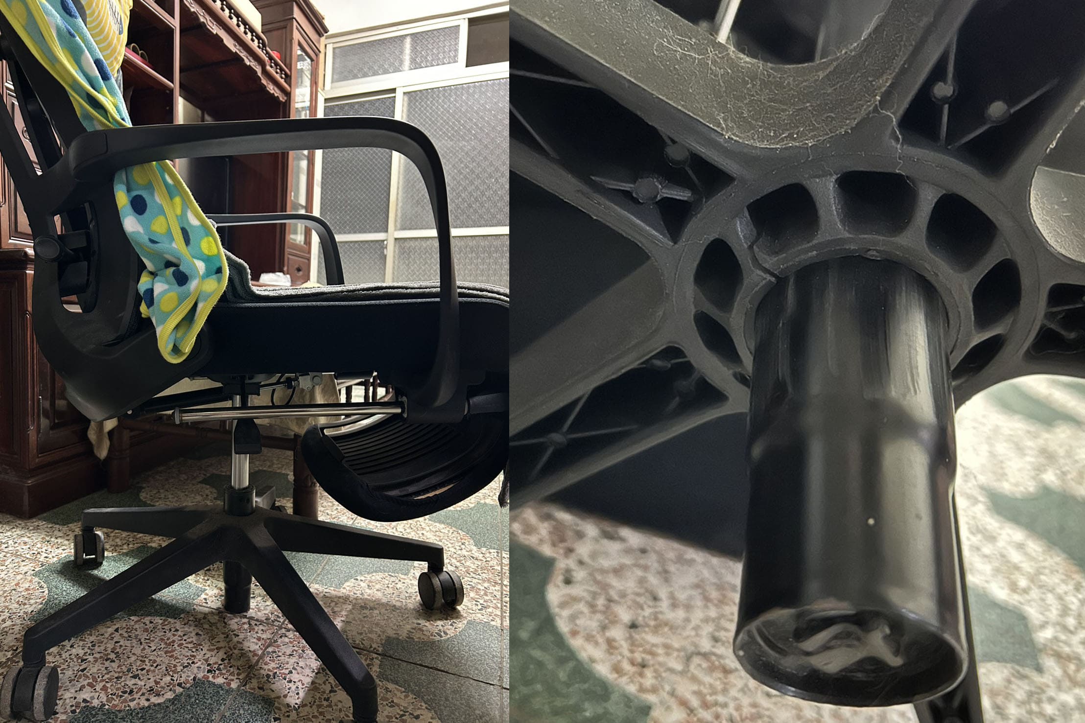 龍骨躺椅腳架內孔裂損，更換鋁合金腳架